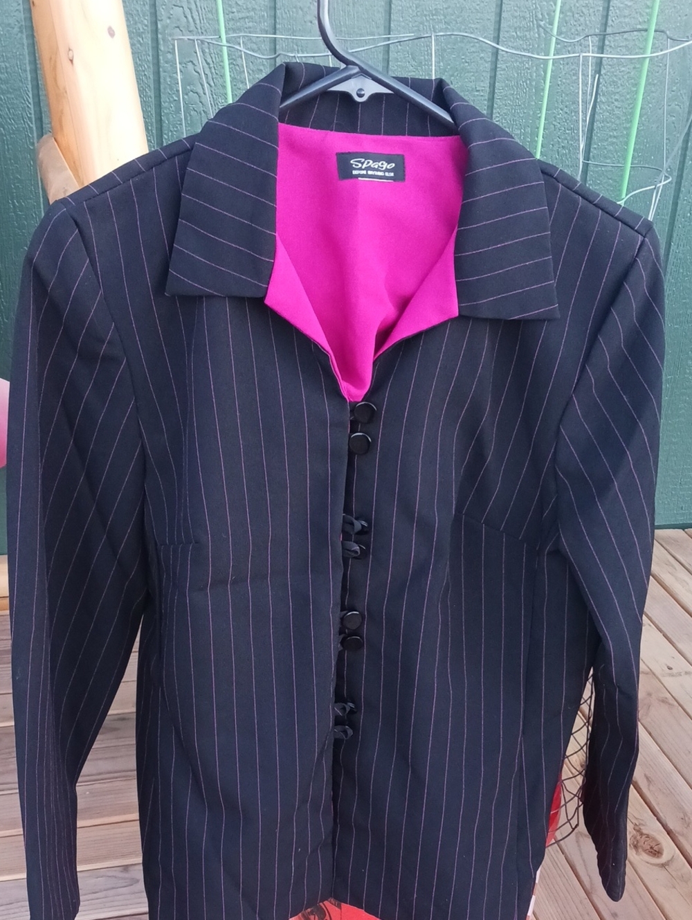 Black Pinstripe Blazer with Fuchsia Lining